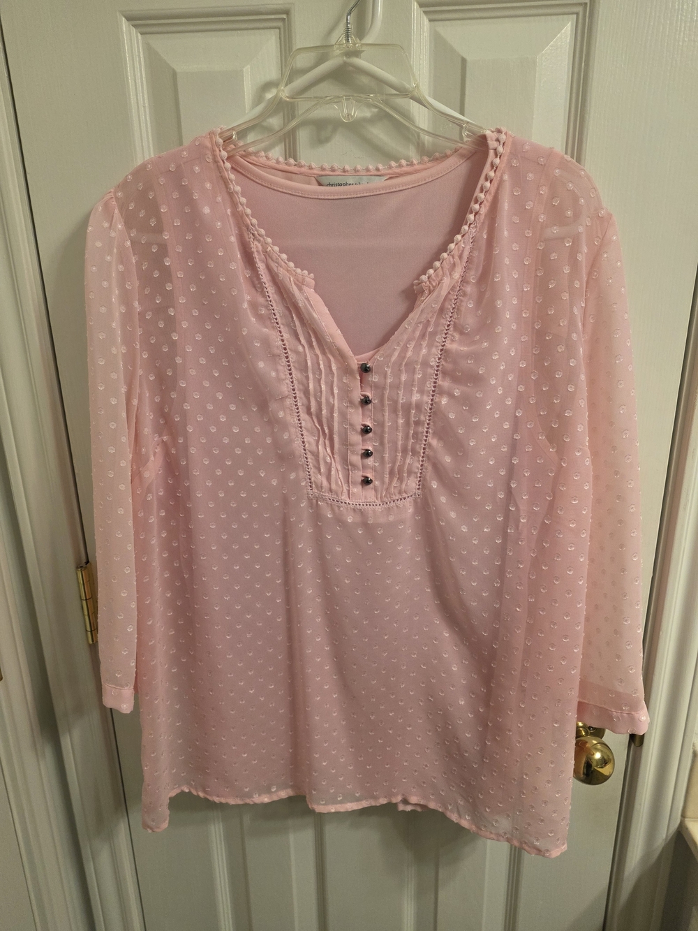 Women's Pink Swiss Dot Peasant Blouse - Lightweight Long Sleeve